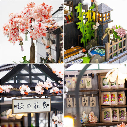 Plustopoy DIY Miniature House Kit, 3D Wooden Dollhouse with LED Lights, Creative Book Nook Kit for Home Decor, Japanese Sakura Greenhouse Miniature Room Kit Craft Building Model Gift for Women