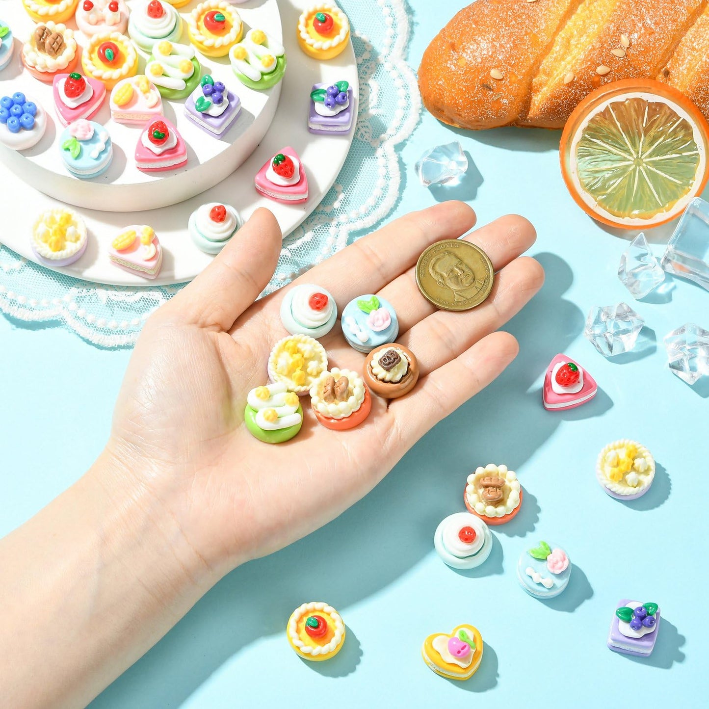 LiQunSweet 100 pcs Mixed Styles Miniature Figurines Imitation Cake Resin Ornament Mini Dessert Food No Hole Beads Display for DIY Jewelry Embellishment Craft Home Office Desk Decor