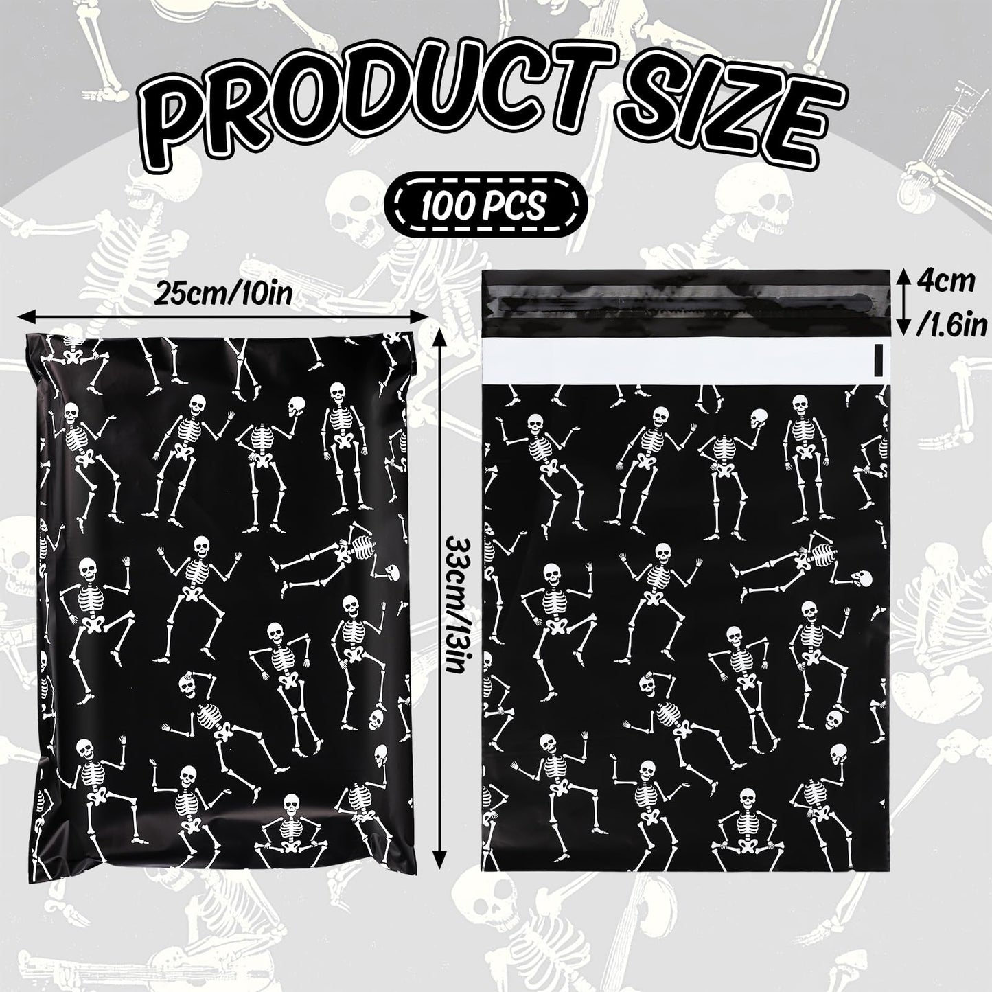 JarThenaAMCS 100Pcs Halloween Poly Mailers 10 x 13 Inch Black Dancing Skeleton Packaging Bags Self Seal Mailing Envelope Bags for Small Business Clothing
