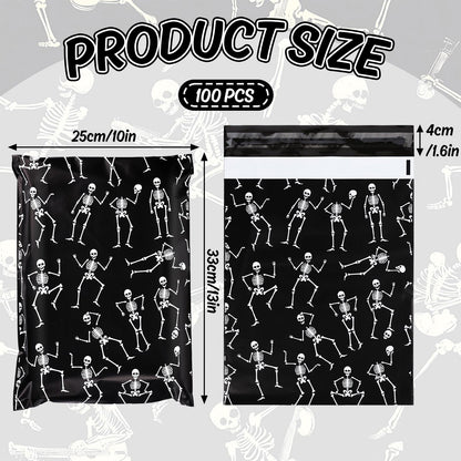 JarThenaAMCS 100Pcs Halloween Poly Mailers 10 x 13 Inch Black Dancing Skeleton Packaging Bags Self Seal Mailing Envelope Bags for Small Business Clothing