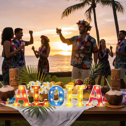 Grinsvalley Hawaiian Luau Party Decorations Aloha Light up Sign Summer Aloha LED Marquee Letter for Party Decorations Hibiscus Tropical Alphabet Letter Summer LED Lights for Wedding Night Birthday