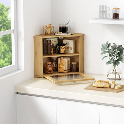 Goozii Bamboo Corner Bread Box for Kitchen Counter, 2 Tier Bread Keeper Wooden Round, Farmhouse Bread Storage Bin for Kitchen Countertop, Counter Organizer for Bread, Cup, Fruit, Spice, Snack