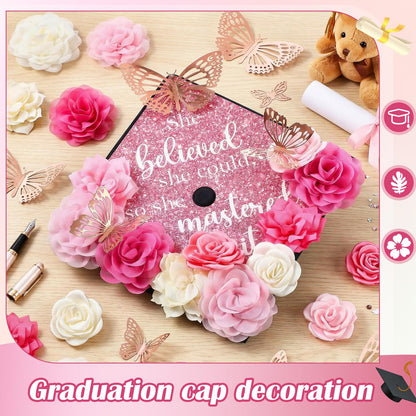 Gersoniel 34 Pcs DIY Graduation Cap Decorations Kit Included Artificial Flowers Inspirational Cardstock 3D Butterfly Alphabet Letter Stickers for 2026 Grad Party DIY Hat Grad Cap Topper(Pink)