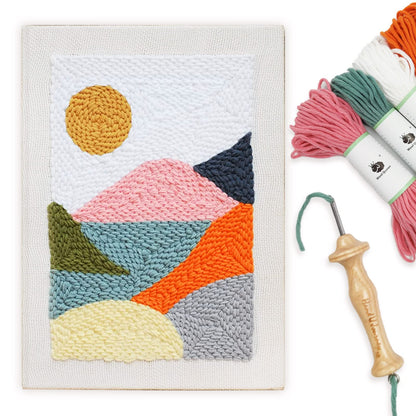 HAND U JOURNEY Punch Needle Kit – 14"x10" Landscape Rug Yarn Hooking Beginner Kit with Oxford Open-Side Design Tool for Craft Gift – Impression Sunrise Pattern