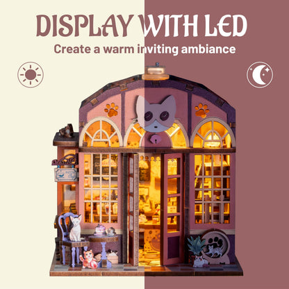 3D Book Nook DIY Kit with Batteries Light Cat Cafe Theme Wooden Building Toy House for LED Magic Book Nook Lover Bookend Bookshelf DIY Miniature Gift for Adults
