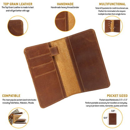 Leather field notes wallet cover for memo – pocket sized notebook, fits 3.5” x 5.5” notebooks, separate pocket for cash, real top grain leather, multiple pockets for extra functionality and pen loop