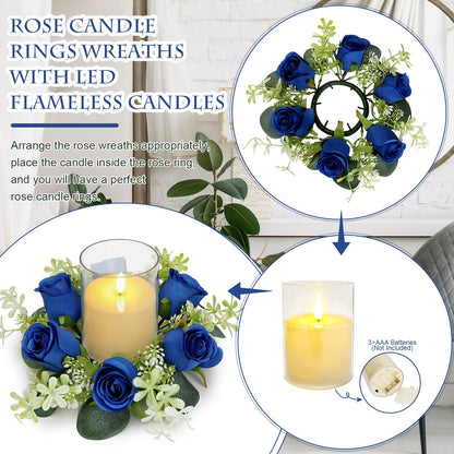 Tobilu 6 Sets Artificial Roses Candle Rings - Roses Floral Rings Wreaths with LED Candles Eucalyptus for Centerpieces Table Cabinets Front Doors Wedding Home Party Decor - Royal Blue