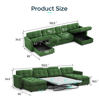 LINSY HOME U-Shaped Sleeper Sofa with Storage, Green Corduroy, 152.5 x 65 x 34.5 Inches, 4-Seater Convertible Couch with Pull-Out Bed