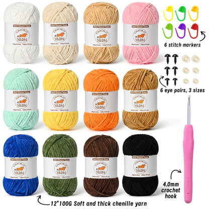 12 Skeins Fluffy Chenille Yarn for Crocheting, Soft Bulky Velvet Yarn for Knitting, Plush Baby Blanket Crochet Yarns, 1572 Yards Multicolor Amigurumi Yarn for Crafts Set F