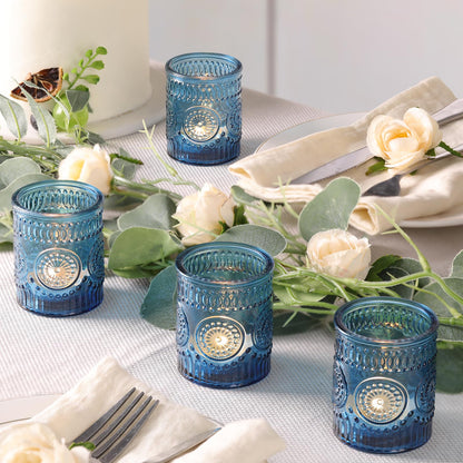 Lanttu Blue Votive Candle Holder Set of 12, Glass Tea Lights Candle Holders for Wedding Table Centerpieces, Birthday Parties, Home Decor and Holiday Decor