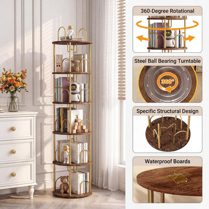 Merkisa 5 Tier Rotating Bookshelf, 360° Spinning Bookshelf Tower, Narrow Corner Book Shelf, Revolving Bookcase Corner Tall Book Shelf for Small Spaces, Bedroom, Living Room, Gold