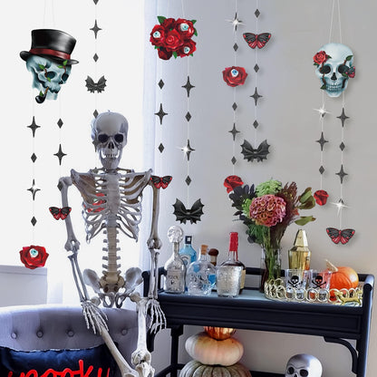 Cheerland Skull Rose Halloween Decorations Red Rose Skull Garlands Gothic Party Decorations Hanging Skeleton Streamers Witchy Decor Gothic Birthday Decoration Spooky Red Black Skull Banner Supplies