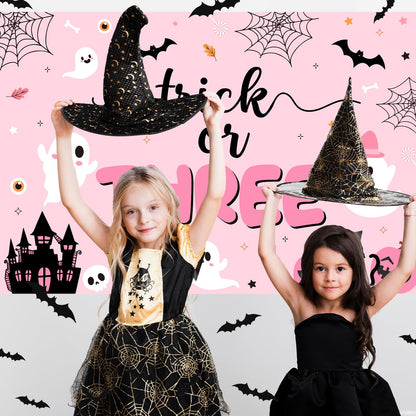84Pcs Trick or Three Theme Halloween 3rd Birthday Party Decorations Pink Black Balloon Garland Arch Kit Number 3 Foil Balloon 3D Bat Wall Stickers for Girls Halloween Three Birthday Party Decor Favors