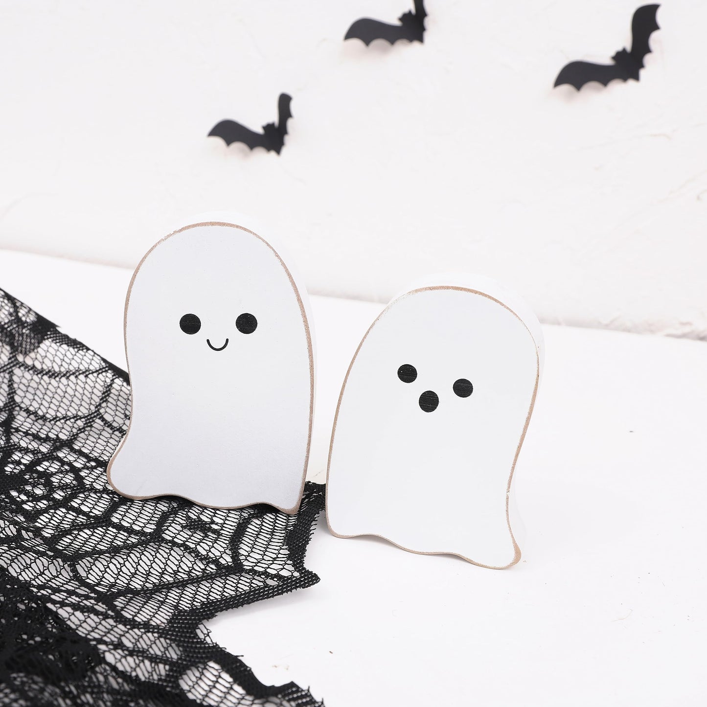 2 Pieces Halloween Decorations Wood Halloween Ghost Sign - Halloween Tiered Tray Decor, Distressed Wood Standing Ghost Sign for Halloween Party, Halloween Table Decor