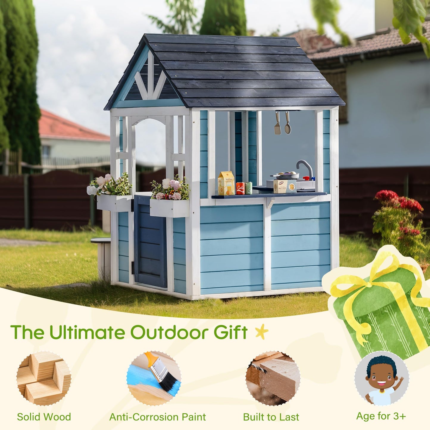 ROBUD Outdoor Playhouse, Wooden Play House for Kids Outdoor with Snack Bar, Flowerpot Holders, Sink, Stove, Cookware, Outdoor playset for Kids Ages 3+