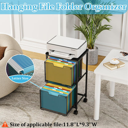 Sbanmao Rolling File Cart with 2 Storage Drawers, Mobile File Cabinet with Wheels, Hanging File Folder Organizer, Under Desk Storage, Printer Stand Utility Cart Filing Cabinet for Home Office,Black