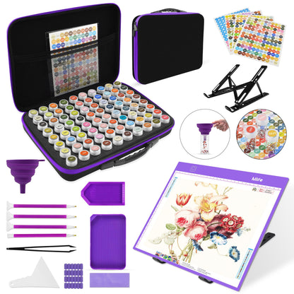 Mlife Diamond Painting Storage Boxes,1 Diamond Painting A4 Light Box Tracing Light Board with 3 Brightness, 80 Slots Bead Storage with 5D Diamond Art Accessories and Tools Kit（Purple）