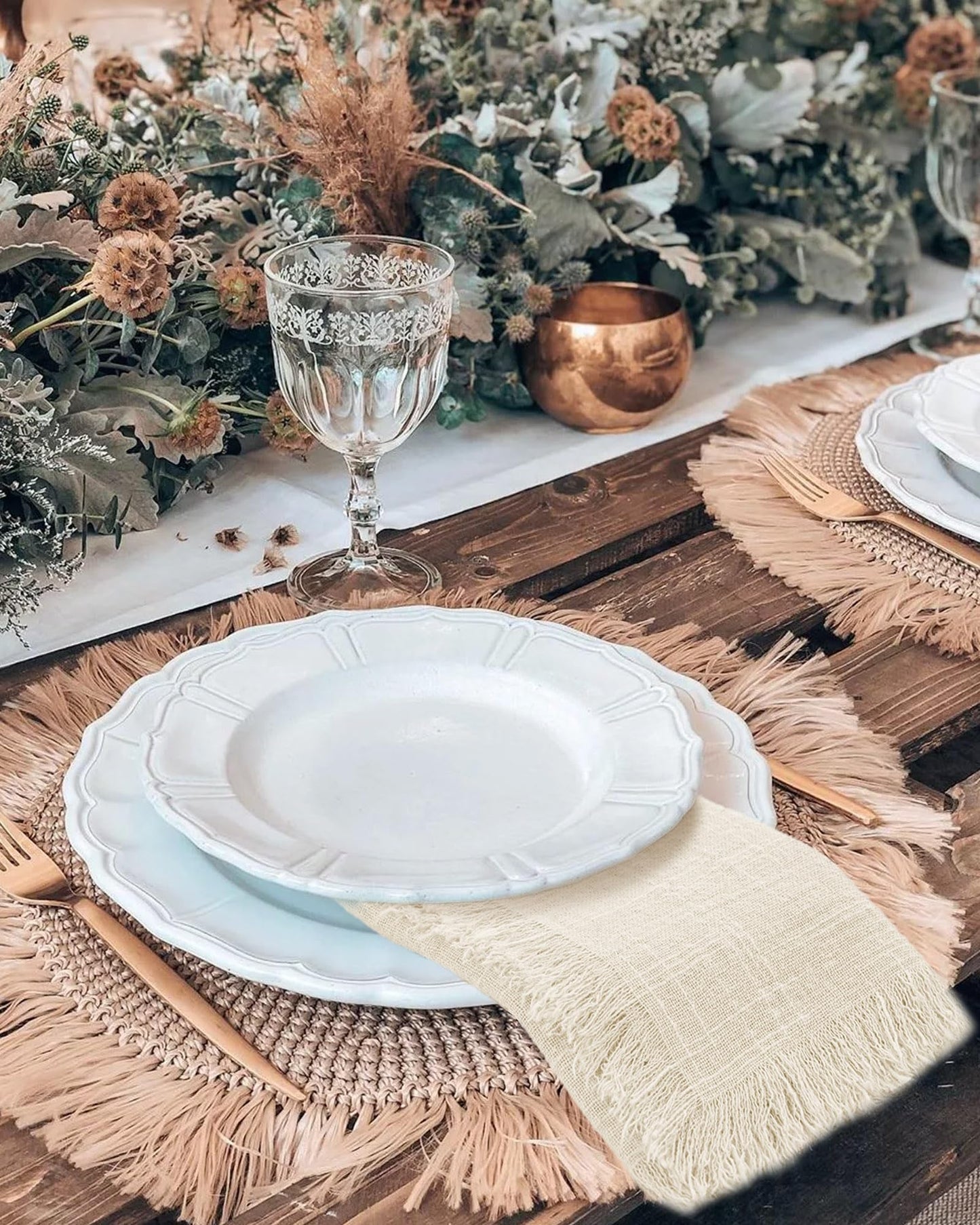 60 Pack Cotton Linen Napkins 16 x 16 Inch Linen Napkins Cloth Handmade with Fringe Soft Cloth Napkins Washable Rustic Dinner Napkins Cloth for Wedding Party Dinner Table(Natural)