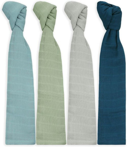 Featherhead™ 100% Cotton Muslin Swaddle Blankets - Soft & Breathable Newborn Essentials | Large 47”x47” (4 Pack - Blue Solids)