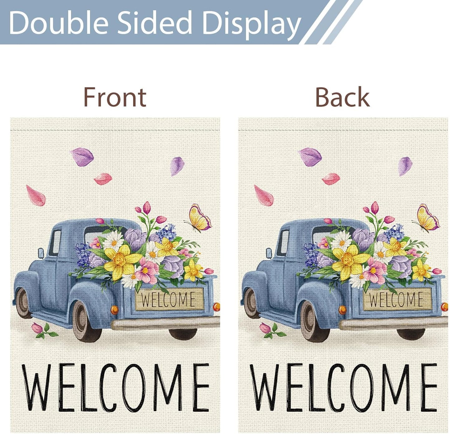 Welcome Spring Garden Flag 12x18 Double Sided Vertical Burlap Retro Truck Floral for Outdoor Decoration