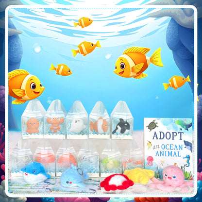 86 Pcs Adopt an Ocean Animal Party Favors Includes 12 Plush Sea Animals 12 Clear Favor Boxes 12 Adoption Cards 1 Adoption Sign Blue Raffia 48 Artificial Water Plants for Kids Sea Animal Adopt Party