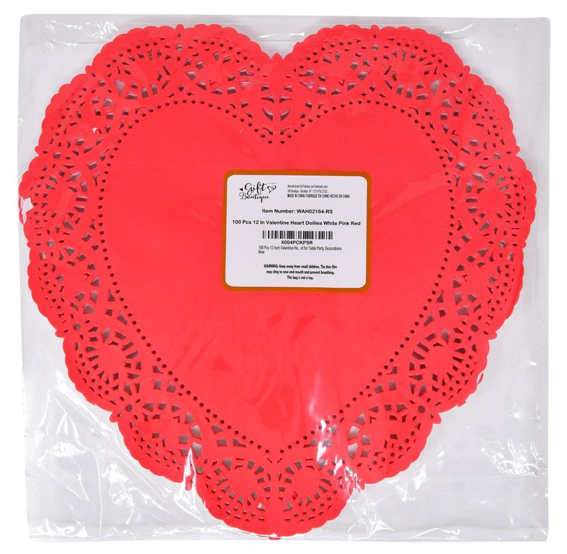 100 Pcs 12 Inch Valentine Heart Doilies Cutouts Paper Lace Doily Red Craft Gift Set for Table Party Decorations