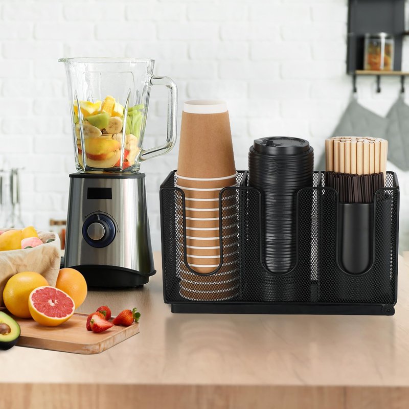 Cairondin Paper Cup and Lid Holder with Straw Organizer for Countertop Coffee Station Bar Restaurant Breakroom, Metal Midsize Disposable Coffee Cup Dispenser for Plastic Cup Lid Straw, Black
