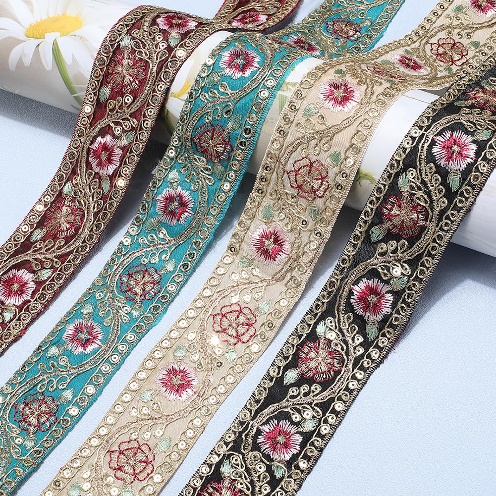 CABODYALS 10 Yards 1.6 Inch Dark Red Embroidered Ribbon Metallic Sequin Gold Floral Jacquard Trim Tape Polyester Flower Woven Embroidery Applique Ribbons for Sewing Making Clothes Crafts Dresses Decor