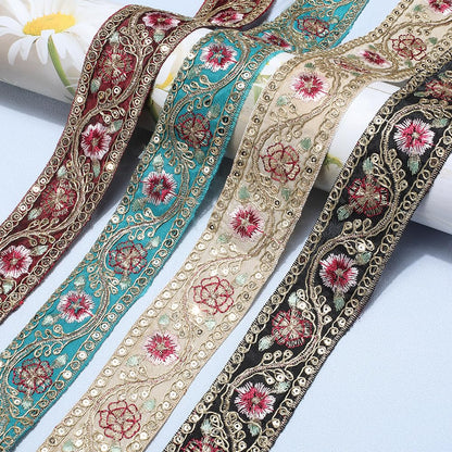 CABODYALS 10 Yards 1.6 Inch Dark Red Embroidered Ribbon Metallic Sequin Gold Floral Jacquard Trim Tape Polyester Flower Woven Embroidery Applique Ribbons for Sewing Making Clothes Crafts Dresses Decor