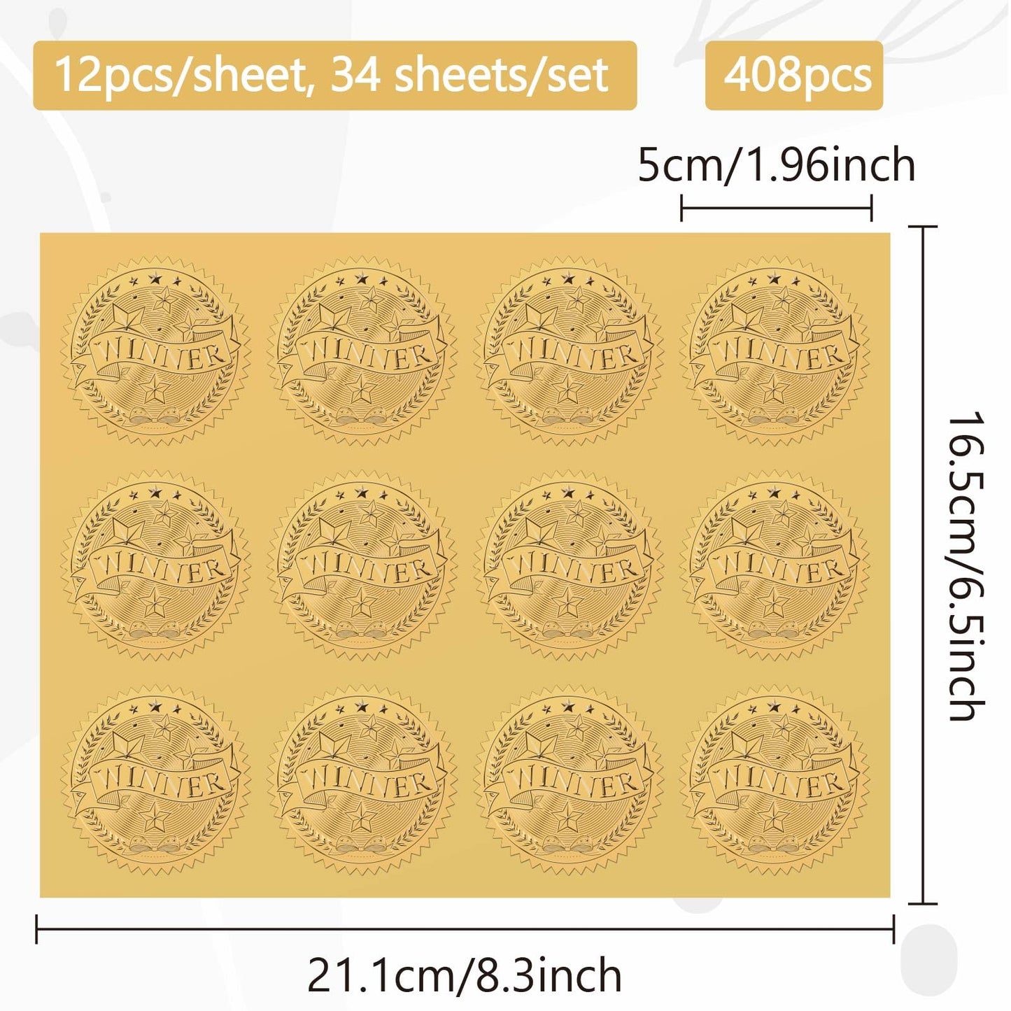 CRASPIRE 408pcs 2 Inch Winner Gold Foil Stickers Word Star Gold Embossed Gold Certificate Seals Self Adhesive Waterproof Round Dot Medal Decoration Label for Gift Packaging Envelope Card Seal