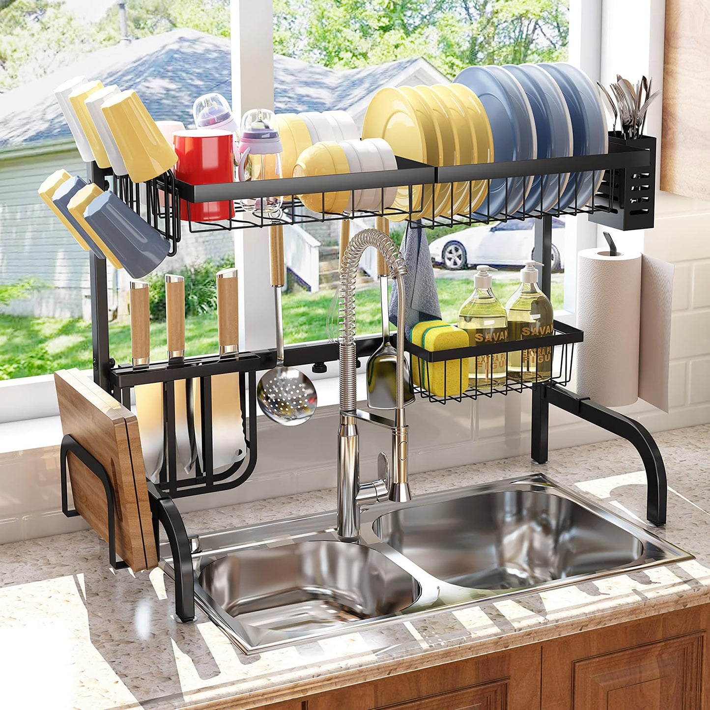 Over The Sink Dish Drying Rack, Adjustable (25.5 to 33.5 inch) 2 Tier Dish Drying Racks for Kitchen Counter with Paper Towel Holder Cup Utensil Holder ChoppingBoard Holder Sink Caddy Hooks, Black