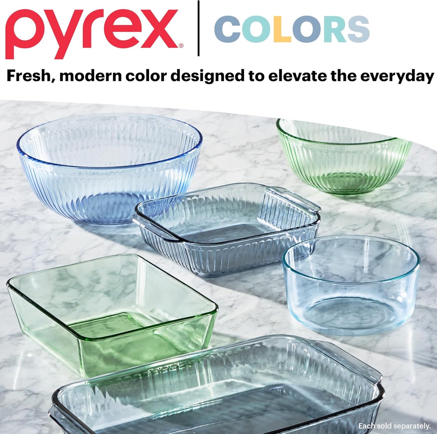 Pyrex Colors (3-Pack) Sculpted Tinted Unlidded Glass Mixing Bowls, Nesting Space Saving Set for Prepping, Baking