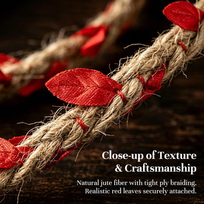 YUENPUN 328 Ft 5MM Burlap Leaf Ribbon, 10 Rolls 33 Ft Natural Jute Twine Rope, Jute Twine with Red Leaves Ply Braided Burlap Ribbon Artificial Leaves Vine Rope for Wedding, Party, Garden Decor