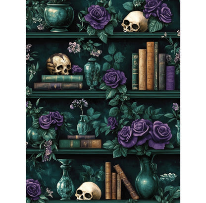 QENSPE 5D Diamond Art Mystic Book Shelf,DIY Round Full Drill Diamond Painting Kits for Beginners,Vase & Skull Diamond Dots for Adults,Home Wall Decor & Gift Perfect for Relaxation 12x16 inch