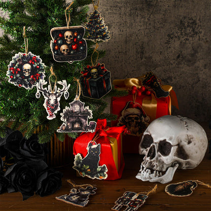 Thyle 24 Pcs Gothic Christmas Tree Ornaments Wooden Spooky Xmas Hanging Decorations Skeleton Santa Claus Snowman Elk Wood Cutouts Ornaments with Ropes for Christmas Tree Holiday Party Decor