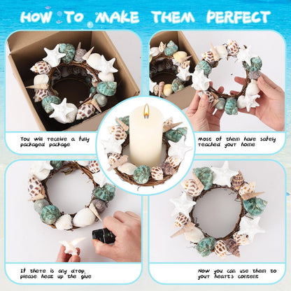 6 Pcs Summer Seashell Starfish Wreath Mini Candle Rings Wreaths Coastal Pillar Candle Holder for Ocean Cruise Wedding Parade Bridal Shower Bachelorette Party Table Decor