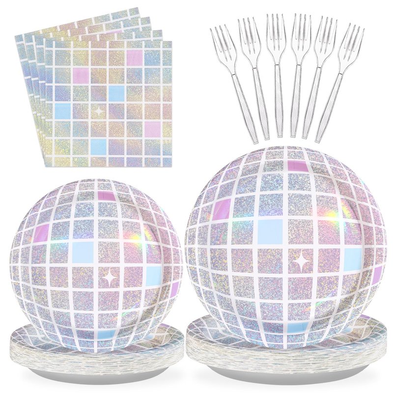 96Pcs Disco Party Supplies Pink Pastel Silver Disco Ball Plates and Napkins Sets Rainbow Iridescent Birthday Decorations for Dancing Queen 17th Wedding Sprinkle Bachelorette 70s Disco Party Serves 24
