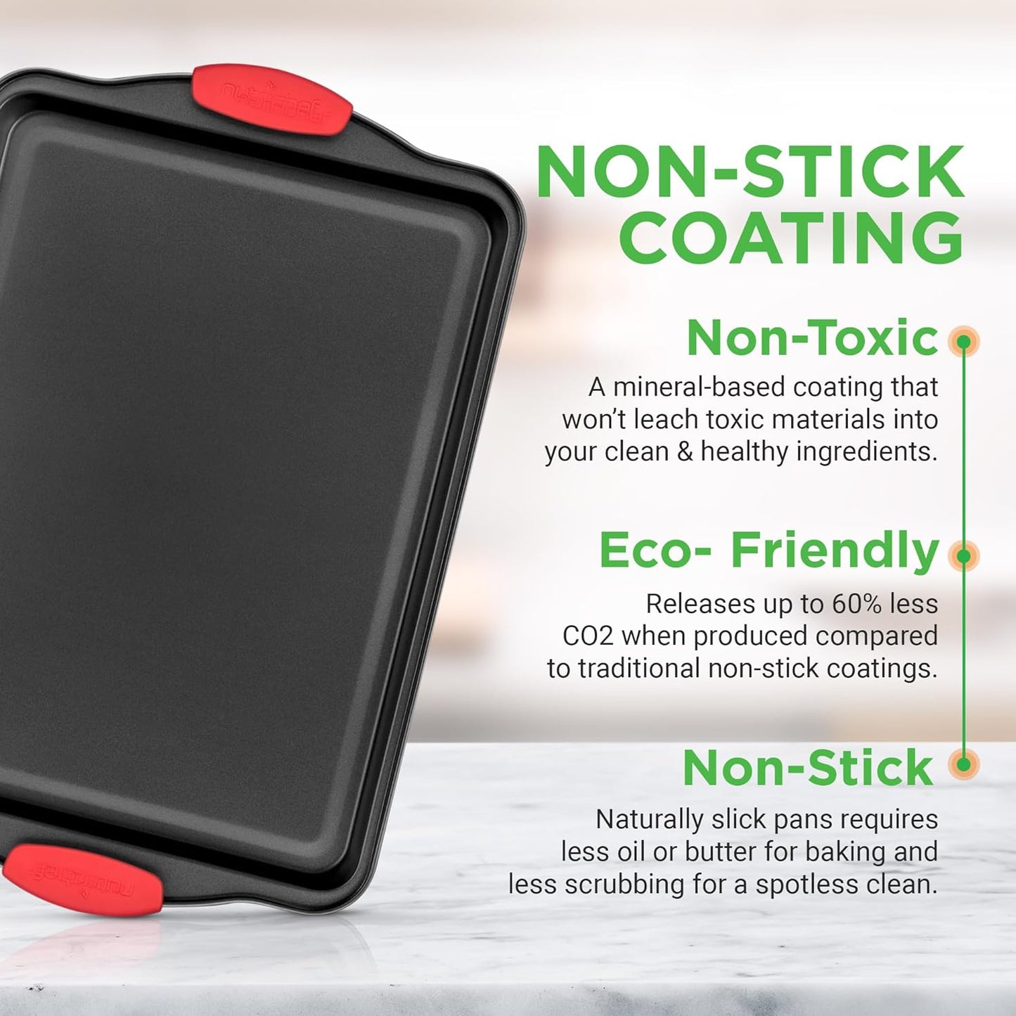 NutriChef 3-Piece Nonstick Baking Pans Set - Premium Commercial Grade Bakeware with Red Silicone Handles