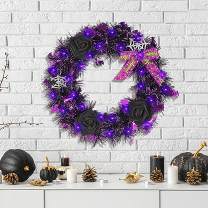 Halloween Wreath for Front Door with Lights,13 Inch Spider Web and Black Rose Wreath Halloween Decorations for Indoor Window Party Holiday Wall Home Decor (Spider Web)