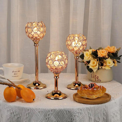 HearthLume Candle Holder Candlestick Holders- 1Set Gold Crystal Pillar Candle Holders,Metal Candlestick Stands for Wedding Centerpieces,Table Decor for Church,Valentine's Day Housewarming Gift,3Pcs