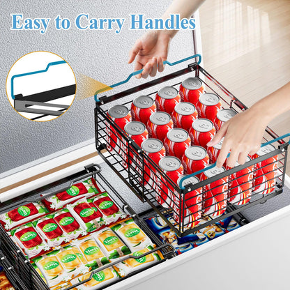 OdoVow Freezer Organizer Bins, 2 Packs Large Expandable Stackable Chest Freezer Containers with Handle, Metal Adjustable Storage Baskets for Fridge, Deep Freezer, Cabinet, Kitchen, Pantry - Black