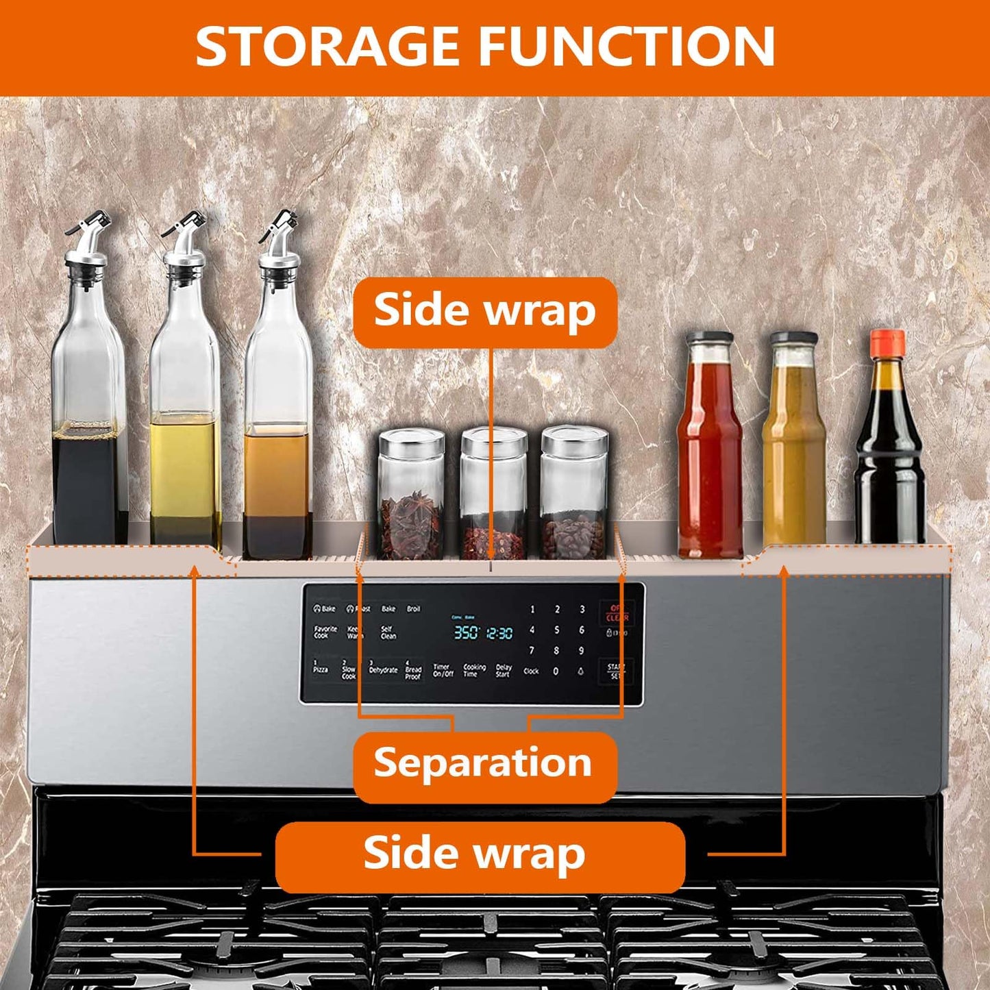 AWOKE Stove Top Shelf 30 Inch - Silicone Material Magnetic Shelf for Stove - 3 Functional Partitions Kitchen Spice Rack Organizer-Black,Kitchen Gadgets Storage Organization