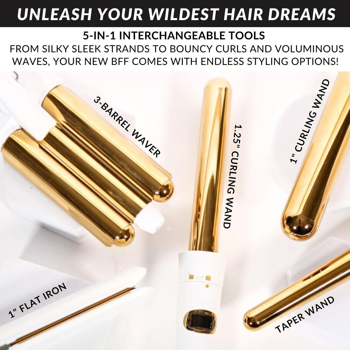 FoxyBae 5-in-1 Interchangeable Hair Tools Set - 1" Flat Iron Hair Straightener, 3 Barrels Hair Crimper, 3 Ceramic Curling Wands 0.75"-1.25", Salon Grade Waver & Curler (Pearl White - Gold)