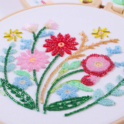 Harimau Bead Embroidery Starter Kit for Beginners (3 Sets) – Basic Flower Stitches, Includes Embroidery Hoop, Diagrams & Step-by-Step Video Tutorials – Gift for Craft Lovers