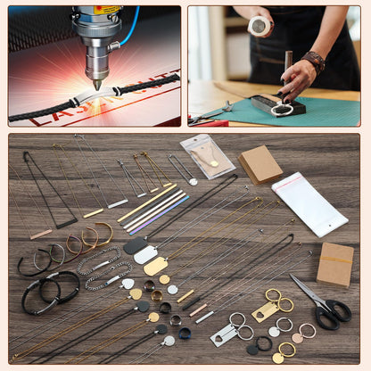 Quelay 99 Pcs Laser Engraving Materials Bulk Include 46 Jewelry Making Engraving Accessories Kit Necklace Bracelet Ring Keychain with Laser Marking Paper for Laser Engraver DIY Crafting Supplies