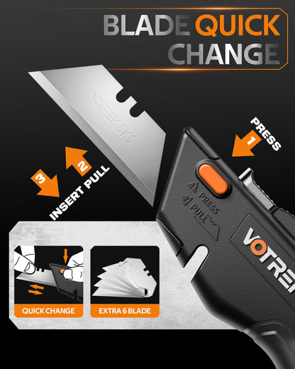 VOTREK® Box Cutter Utility Knife, [2-in-1] Retractable Box Cutter, with Blade Storage, Safety All Metal Heavy Duty Sharp Razor Knife for Home & Warehouse Cardboard, Carton, with Extra Blades