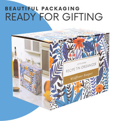 Jot & Mark Recipe Card Gift Box, 25 4x6 inch Cards, 14 Dividers, Decorative Tin Box