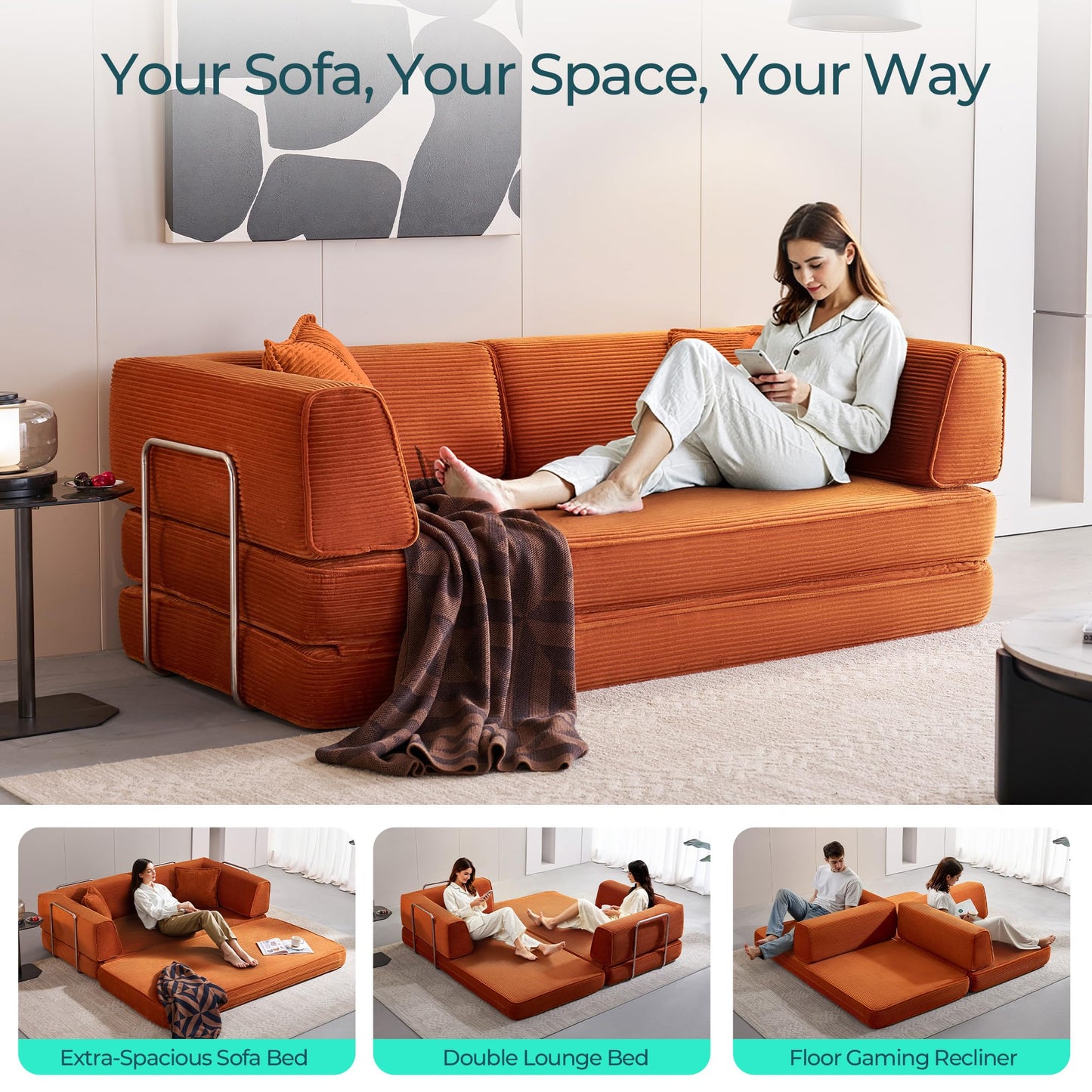 LINSY HOME Sofa Bed Couch - Convertible Boneless Couch Bed with 2 Pillow (Orange)