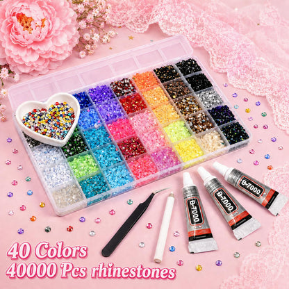 40000Pcs Bedazzling Kit, 40 Mix Colors Rhinestones Gems for Bedazzled Kits, All-in-One Bedazzler Kit Set for Crafting, Nail Art, Shoes, Books