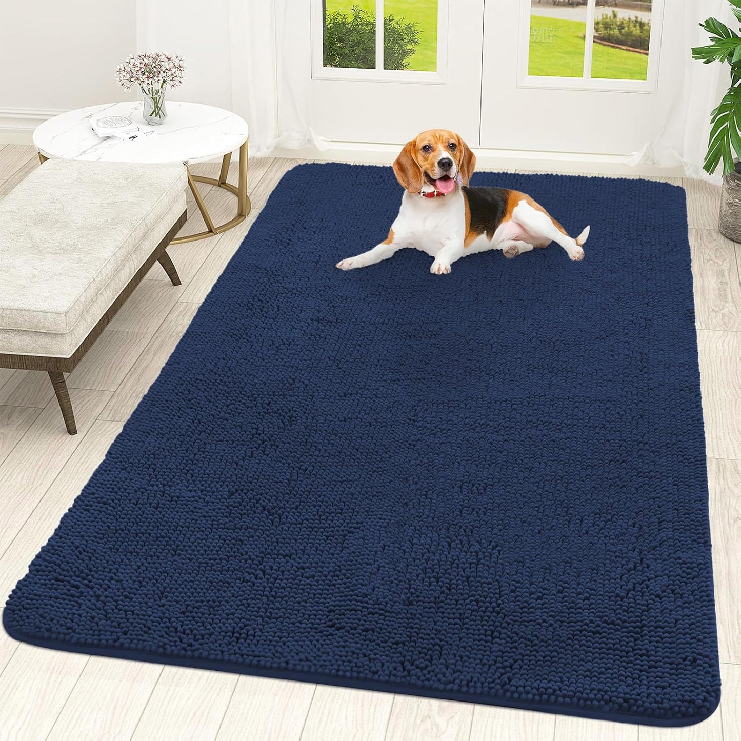 OLANLY Dog Door Mat - Absorbent Non-Slip Chenille Mat for Muddy Paws | 70x46 Dark Blue Indoor Carpet